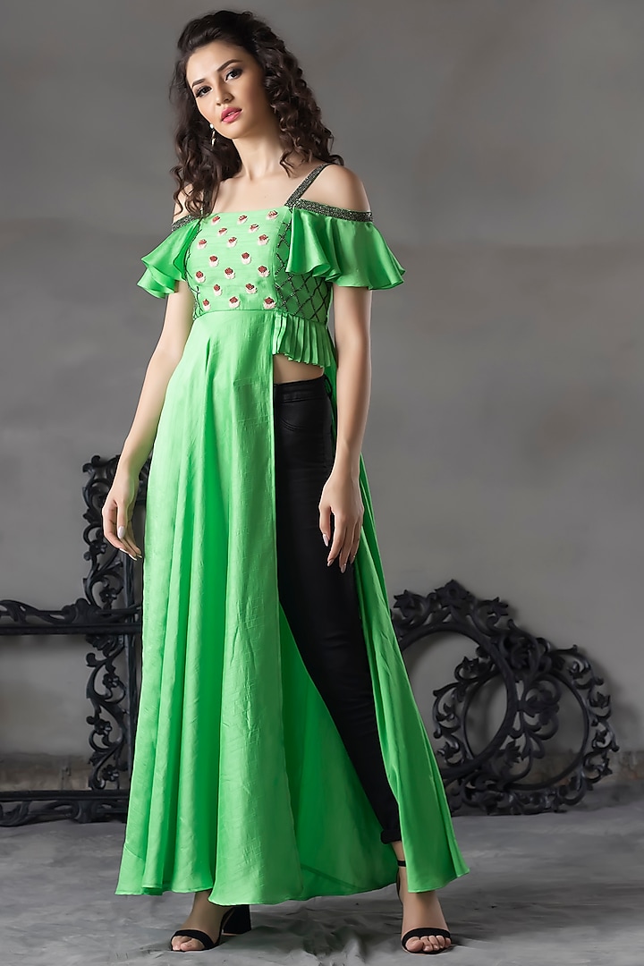 Fresh Green Embroidered Gown by Anu Pellakuru