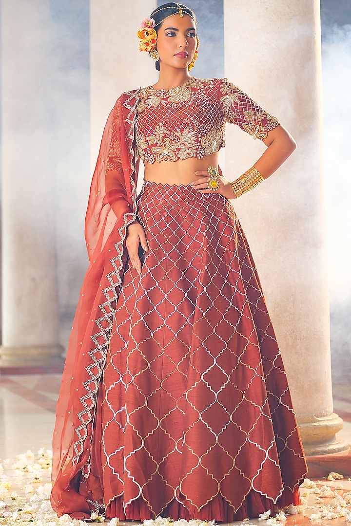 Copper-Brown Raw Silk Hand Embroidered Bridal Lehenga Set by Anu Pellakuru at Pernia's Pop Up Shop