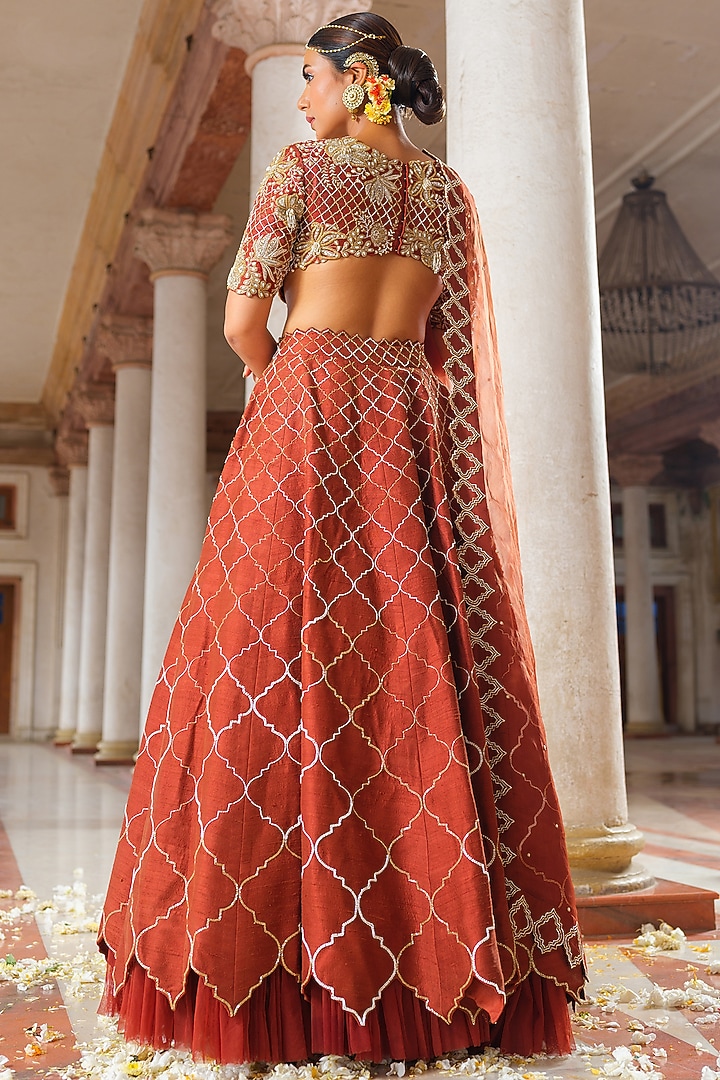 Copper-Brown Raw Silk Hand Embroidered Bridal Lehenga Set by Anu Pellakuru at Pernia's Pop Up Shop