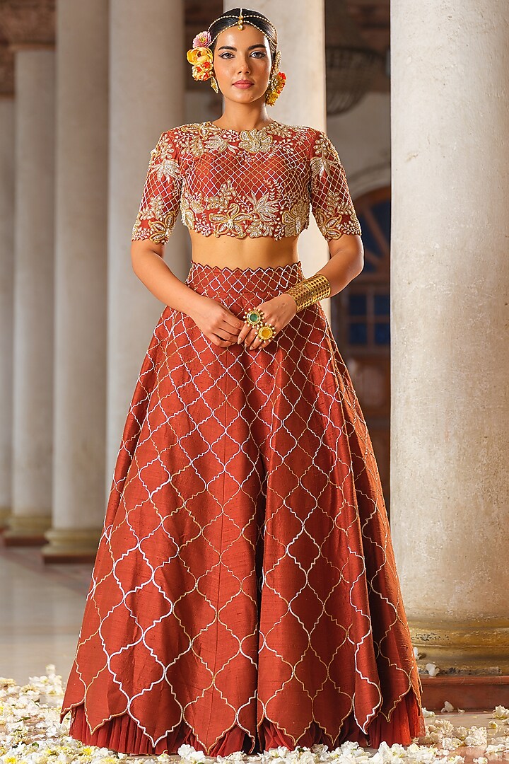 Copper-Brown Raw Silk Hand Embroidered Bridal Lehenga Set by Anu Pellakuru at Pernia's Pop Up Shop