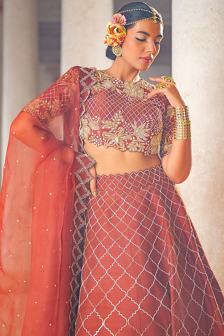 Copper-Brown Raw Silk Hand Embroidered Bridal Lehenga Set by Anu Pellakuru at Pernia's Pop Up Shop