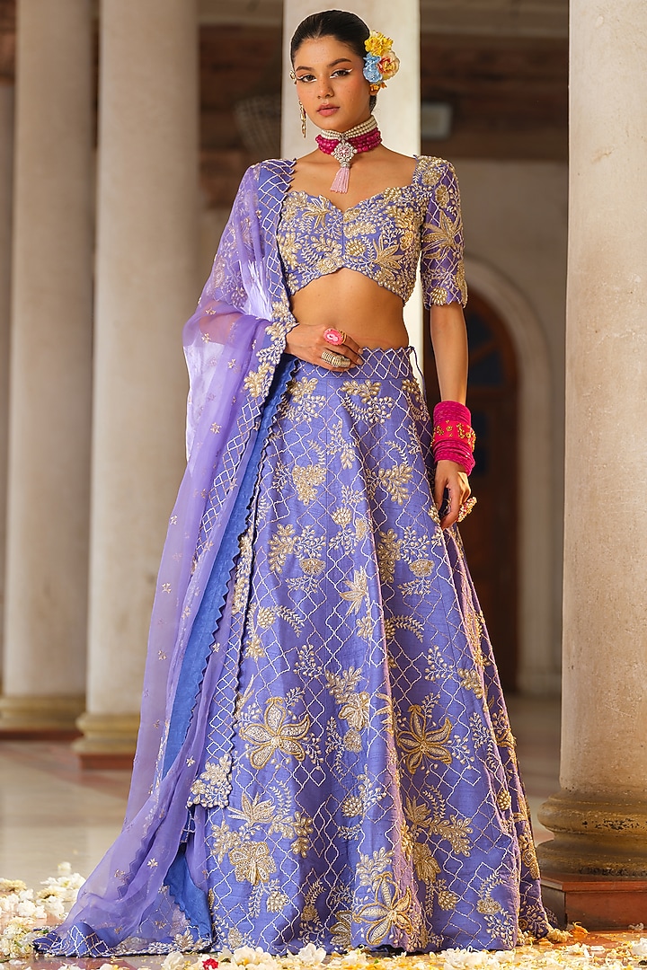 Lavender Blue Irish Raw Silk Hand Embroidered Bridal Lehenga Set by Anu Pellakuru at Pernia's Pop Up Shop