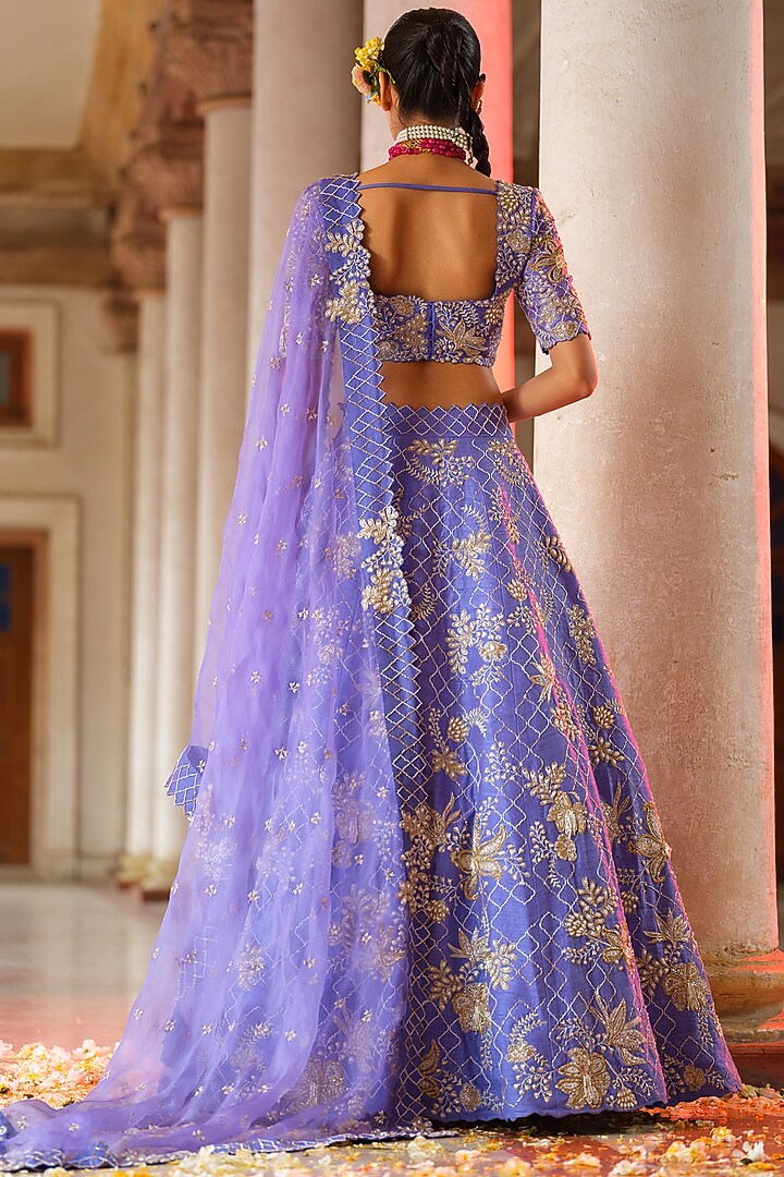 Lavender Blue Irish Raw Silk Hand Embroidered Bridal Lehenga Set by Anu Pellakuru at Pernia's Pop Up Shop