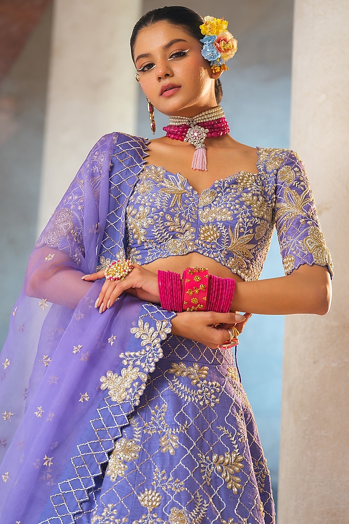 Lavender Blue Irish Raw Silk Hand Embroidered Bridal Lehenga Set by Anu Pellakuru at Pernia's Pop Up Shop