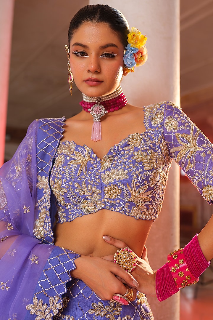 Lavender Blue Irish Raw Silk Hand Embroidered Bridal Lehenga Set by Anu Pellakuru at Pernia's Pop Up Shop