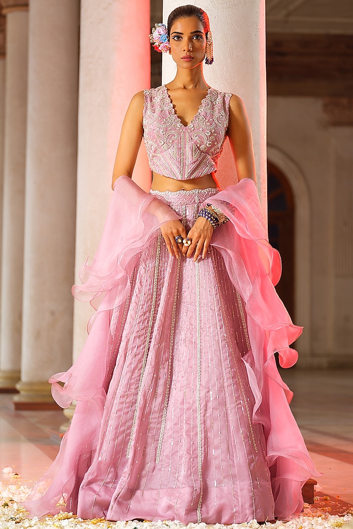 Mauve Thick Organza Hand Embroidered Wedding Lehenga Set by Anu Pellakuru at Pernia's Pop Up Shop