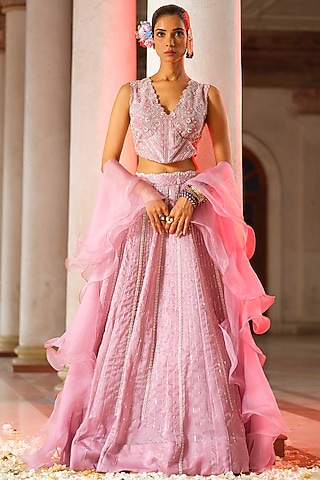 Mauve Thick Organza Hand Embroidered Lehenga Set by Anu Pellakuru