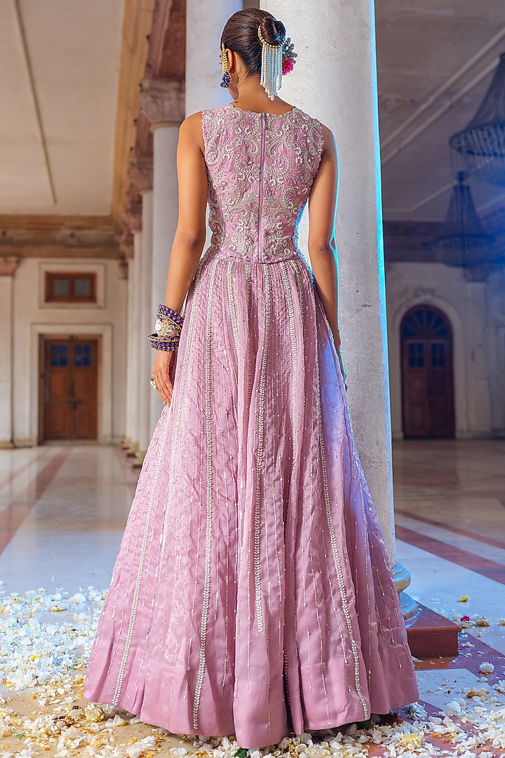 Mauve Thick Organza Hand Embroidered Wedding Lehenga Set by Anu Pellakuru at Pernia's Pop Up Shop