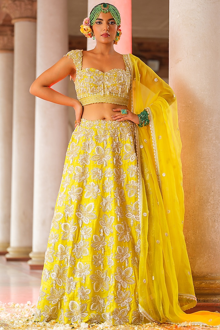 Lemon Yellow Raw Silk Hand Embroidered Bridal Lehenga Set by Anu Pellakuru at Pernia's Pop Up Shop