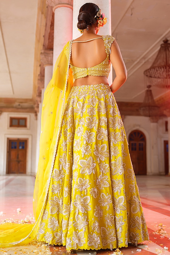 Lemon Yellow Raw Silk Hand Embroidered Bridal Lehenga Set by Anu Pellakuru at Pernia's Pop Up Shop