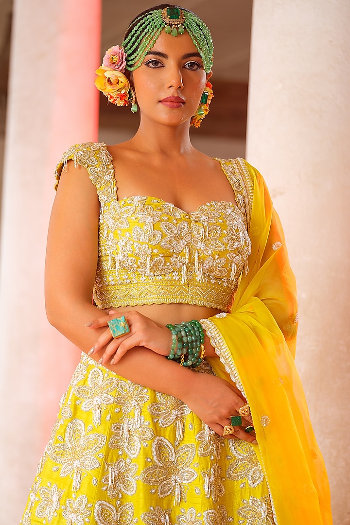 Lemon Yellow Raw Silk Hand Embroidered Bridal Lehenga Set by Anu Pellakuru at Pernia's Pop Up Shop