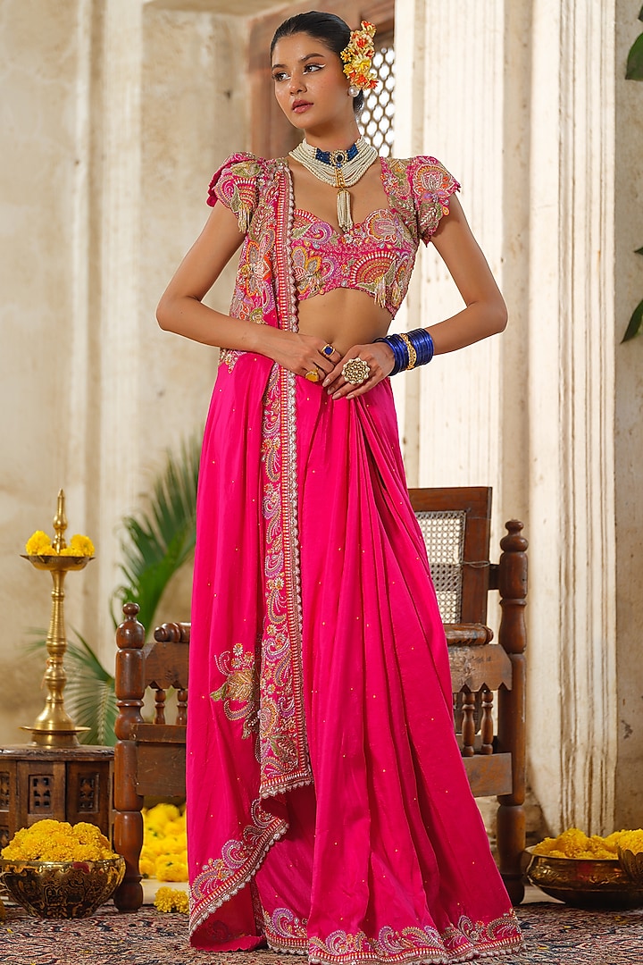 Hot Pink Silk Hand Embroidered Saree Set by Anu Pellakuru at Pernia's Pop Up Shop