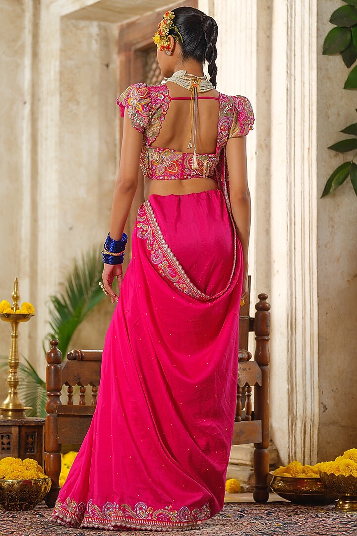 Hot Pink Silk Hand Embroidered Bridal Saree Set by Anu Pellakuru at Pernia's Pop Up Shop