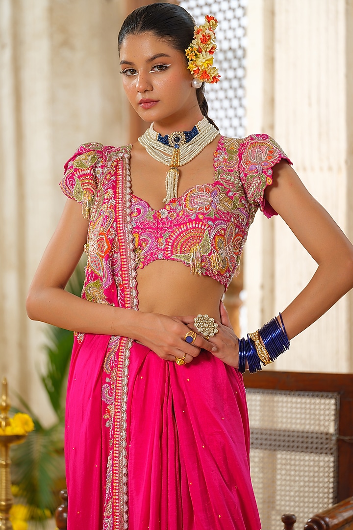 Hot Pink Silk Hand Embroidered Bridal Saree Set by Anu Pellakuru at Pernia's Pop Up Shop