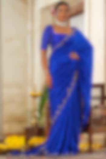 Royal Blue Silk Hand Embroidered Reception Saree Set by Anu Pellakuru at Pernia's Pop Up Shop
