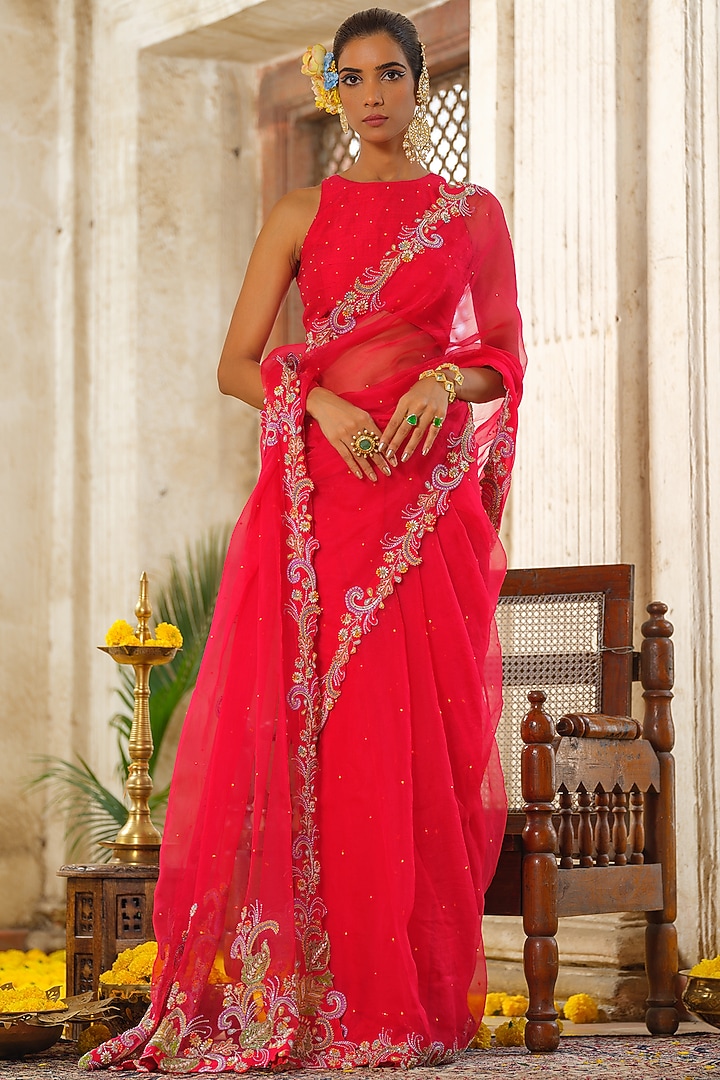 Red Organza Hand Embroidered Reception Saree Set by Anu Pellakuru at Pernia's Pop Up Shop