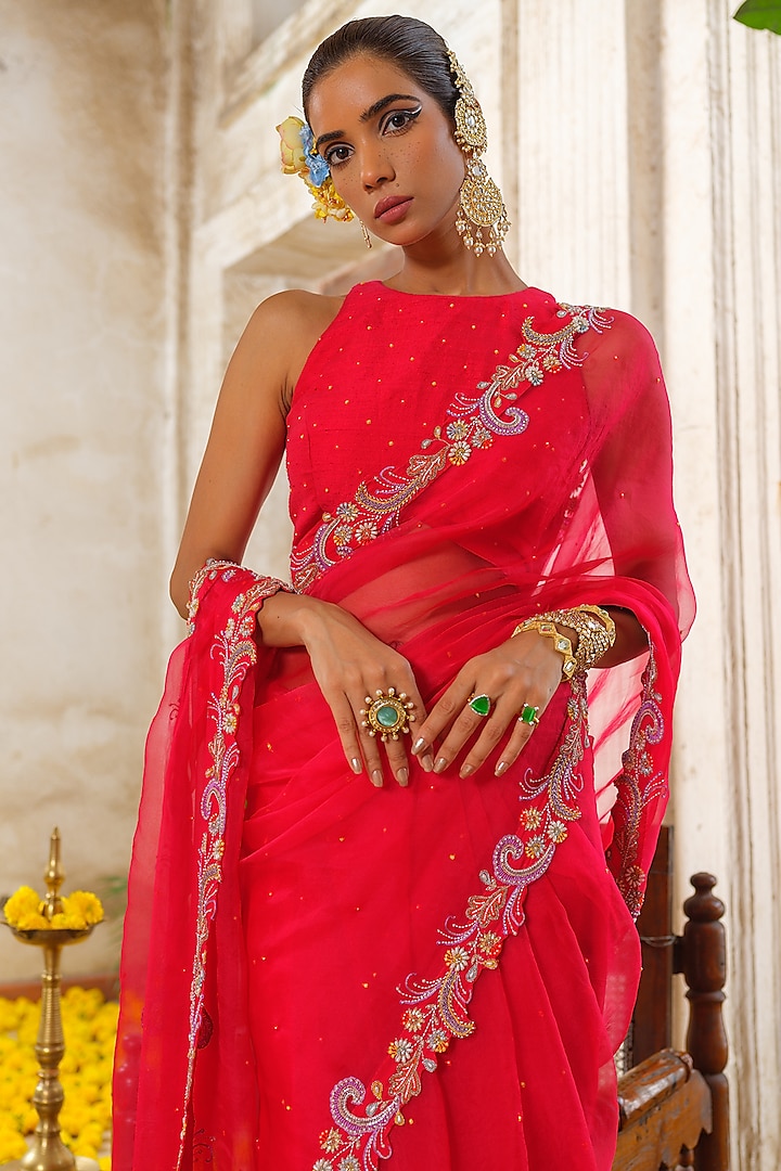Red Organza Hand Embroidered Reception Saree Set by Anu Pellakuru at Pernia's Pop Up Shop