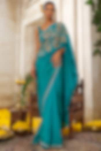 Teal Blue Silk Hand Embroidered Saree Set by Anu Pellakuru at Pernia's Pop Up Shop