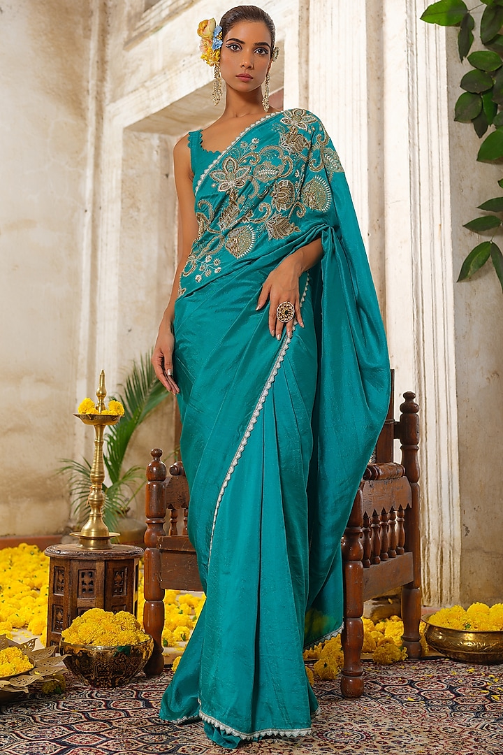 Teal Blue Silk Hand Embroidered Saree Set by Anu Pellakuru at Pernia's Pop Up Shop