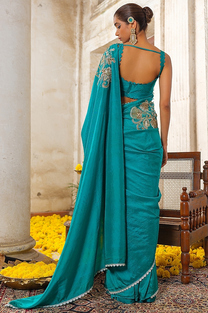 Teal Blue Silk Hand Embroidered Reception Saree Set by Anu Pellakuru at Pernia's Pop Up Shop