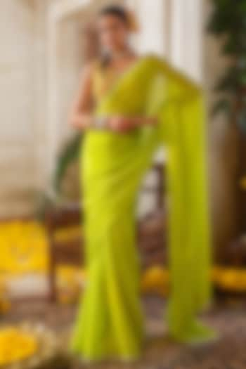 Lime Green Chinon Chiffon Hand Embroidered Saree Set by Anu Pellakuru at Pernia's Pop Up Shop