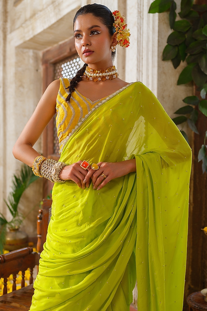 Lime Green Chinon Chiffon Hand Embroidered Wedding Saree Set by Anu Pellakuru at Pernia's Pop Up Shop