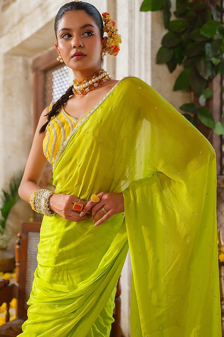 Lime Green Chinon Chiffon Hand Embroidered Wedding Saree Set by Anu Pellakuru at Pernia's Pop Up Shop