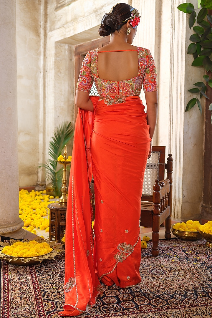 Orange Silk Hand Embroidered Reception Saree Set by Anu Pellakuru at Pernia's Pop Up Shop