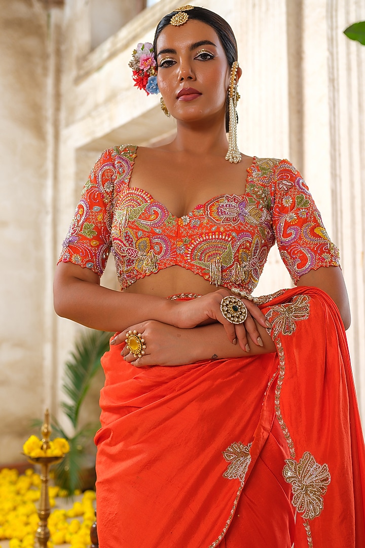 Orange Silk Hand Embroidered Reception Saree Set by Anu Pellakuru at Pernia's Pop Up Shop