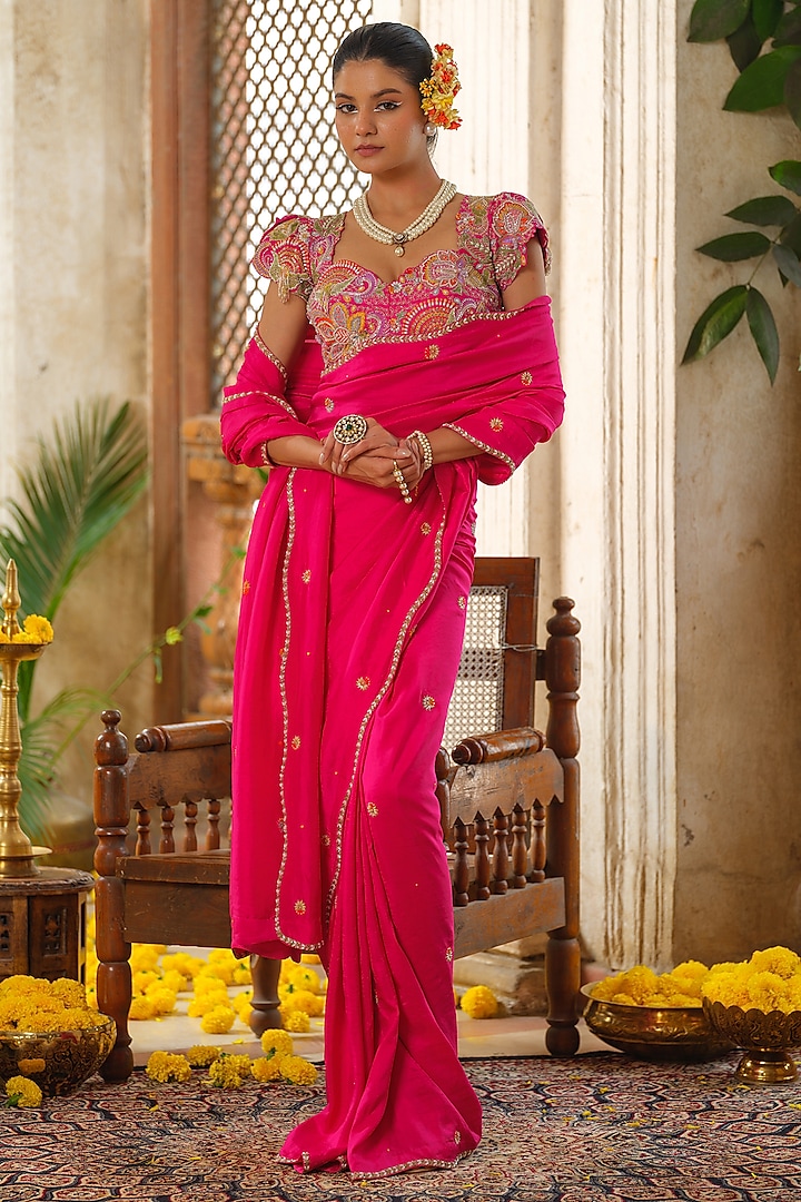 Hot Pink Silk Hand Embroidered Saree Set by Anu Pellakuru at Pernia's Pop Up Shop