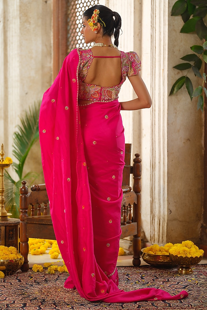 Hot Pink Silk Hand Embroidered Reception Saree Set by Anu Pellakuru at Pernia's Pop Up Shop