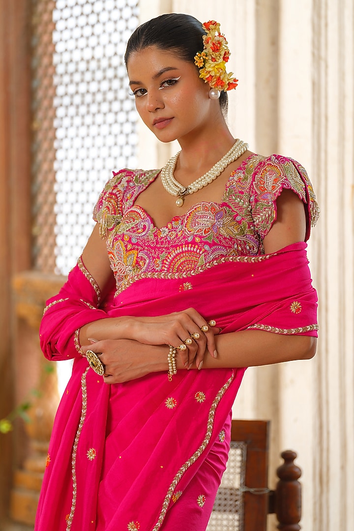 Hot Pink Silk Hand Embroidered Reception Saree Set by Anu Pellakuru at Pernia's Pop Up Shop