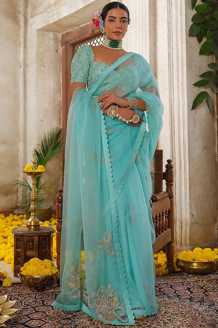 Powder Blue Organza Hand Embroidered Reception Saree Set by Anu Pellakuru at Pernia's Pop Up Shop
