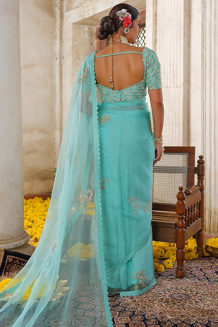 Powder Blue Organza Hand Embroidered Reception Saree Set by Anu Pellakuru at Pernia's Pop Up Shop