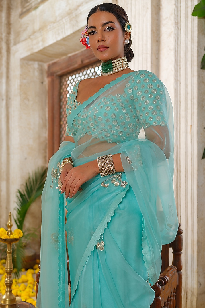 Powder Blue Organza Hand Embroidered Reception Saree Set by Anu Pellakuru at Pernia's Pop Up Shop