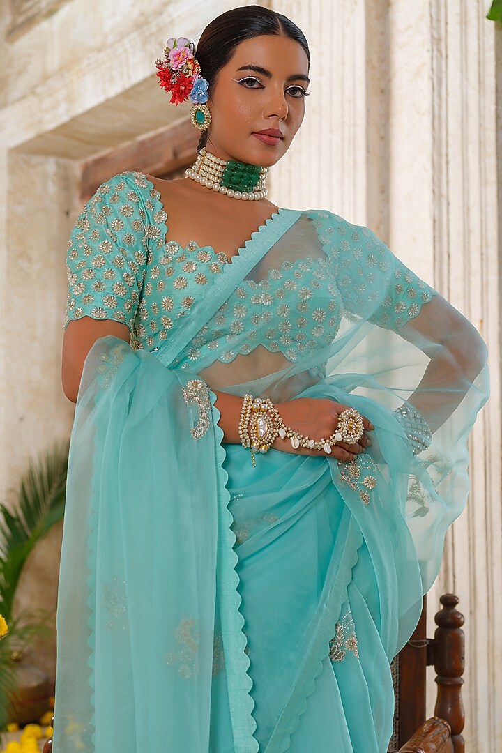 Powder Blue Organza Hand Embroidered Reception Saree Set by Anu Pellakuru at Pernia's Pop Up Shop