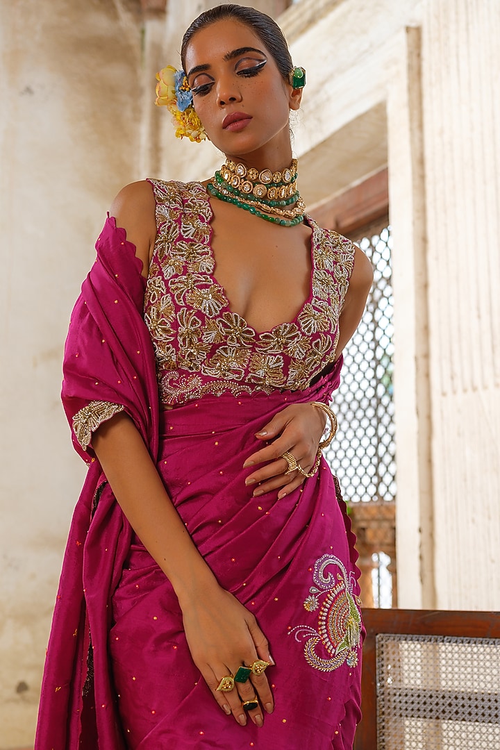 Magenta Pink Pure Silk Hand Embroidered Reception Saree Set by Anu Pellakuru at Pernia's Pop Up Shop