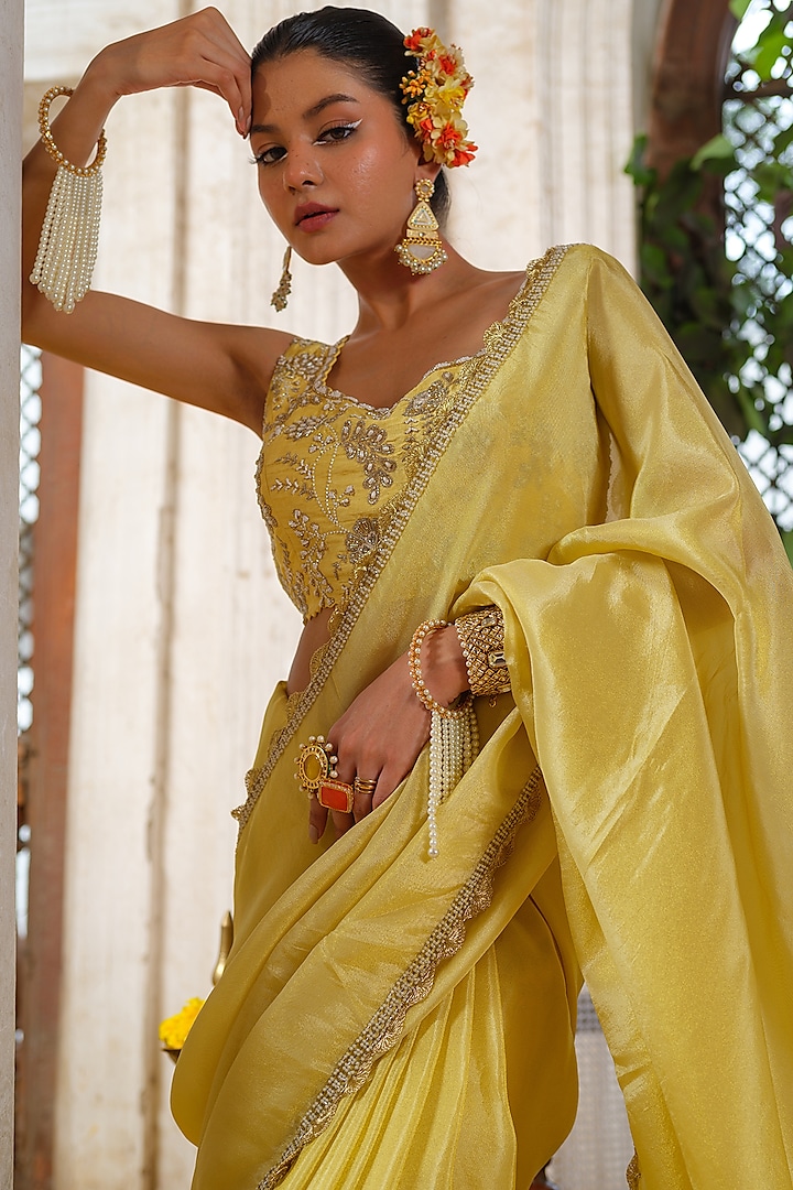 Butter Yellow Pure Tissue Silk Wedding Saree Set by Anu Pellakuru at Pernia's Pop Up Shop