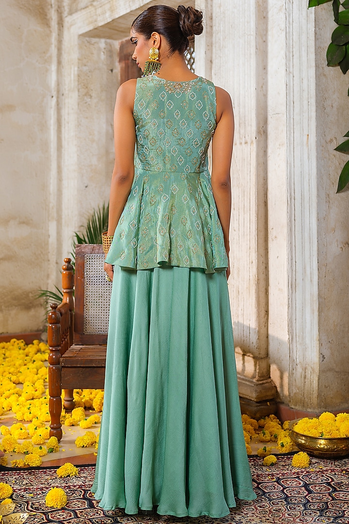 Mint Green Satin Chiffon Flared Palazzo Set by Anu Pellakuru at Pernia's Pop Up Shop
