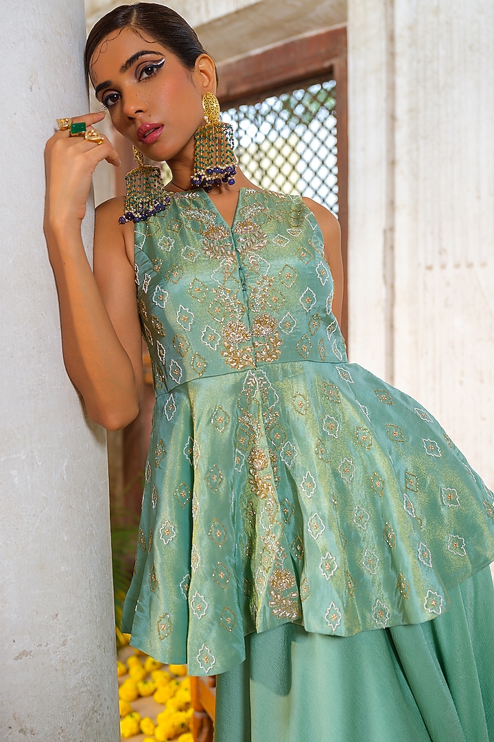 Mint Green Satin Chiffon Flared Palazzo Set by Anu Pellakuru at Pernia's Pop Up Shop