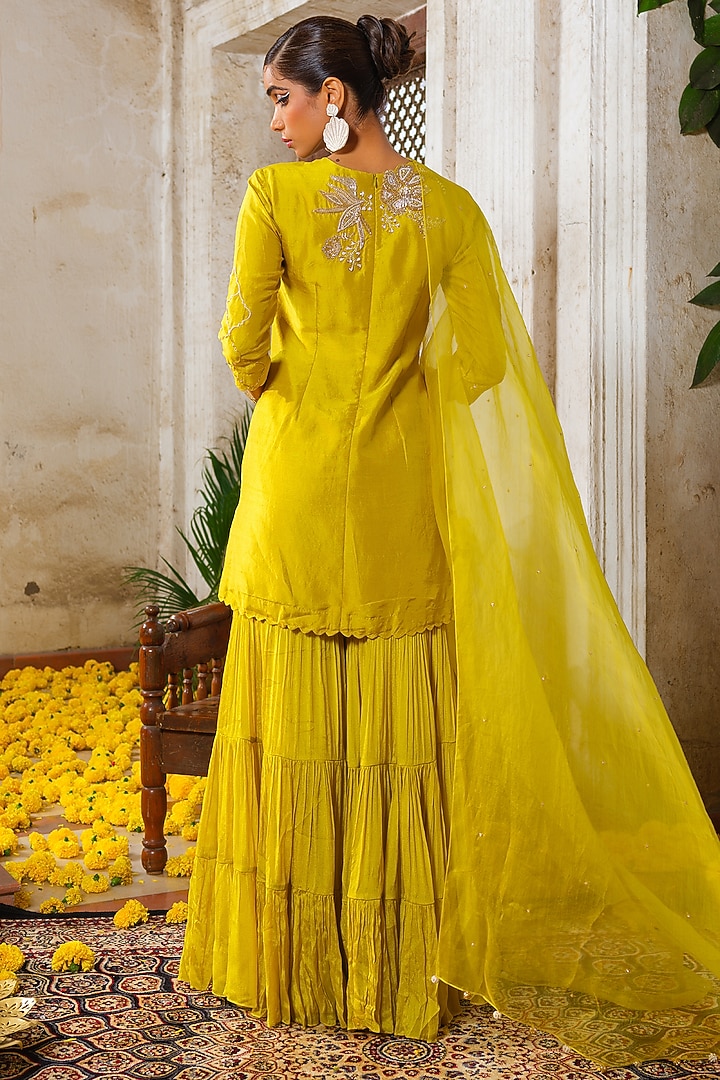 Lemon Yellow Chinon Chiffon Tiered Wedding Sharara Set by Anu Pellakuru at Pernia's Pop Up Shop