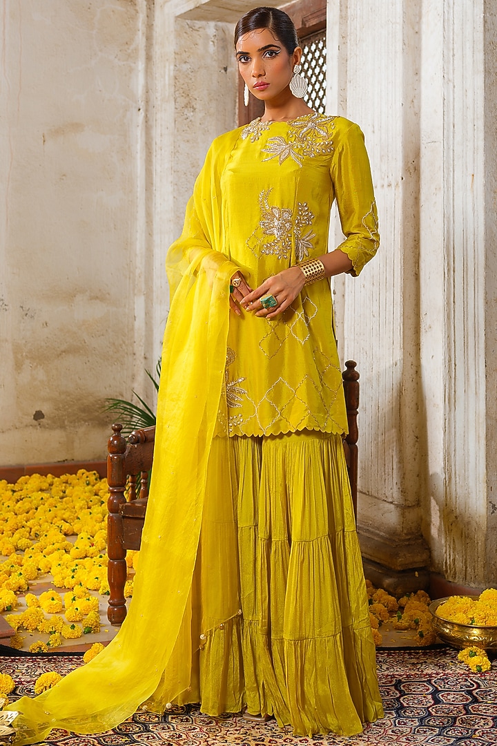 Lemon Yellow Chinon Chiffon Tiered Wedding Sharara Set by Anu Pellakuru at Pernia's Pop Up Shop