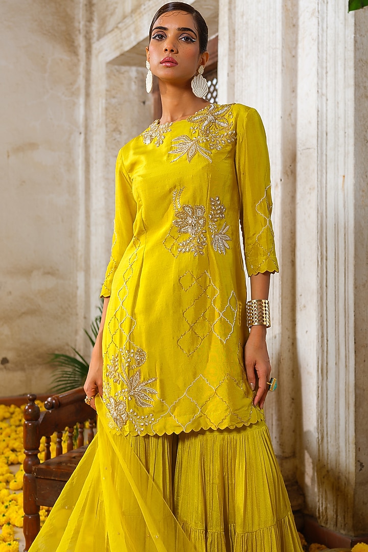 Lemon Yellow Chinon Chiffon Tiered Wedding Sharara Set by Anu Pellakuru at Pernia's Pop Up Shop