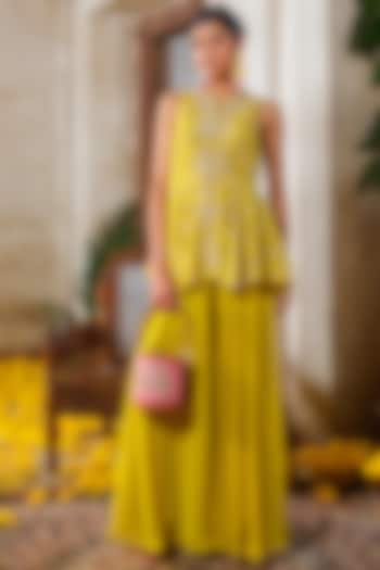 Lemon Yellow Satin Chiffon Flared Palazzo Set by Anu Pellakuru at Pernia's Pop Up Shop