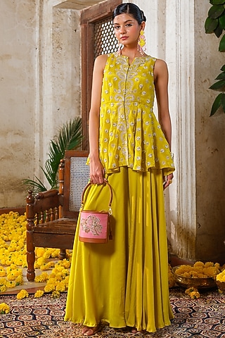 Lemon Yellow Satin Chiffon Flared Palazzo Set by Anu Pellakuru