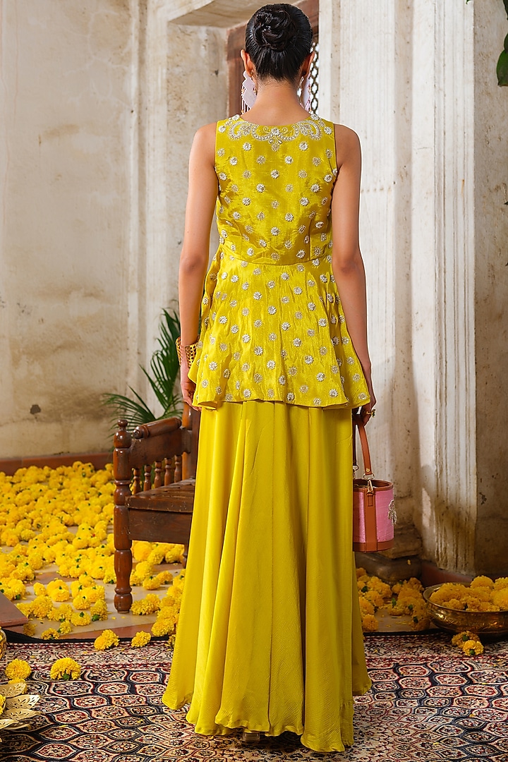 Lemon Yellow Satin Chiffon Flared Palazzo Set by Anu Pellakuru at Pernia's Pop Up Shop