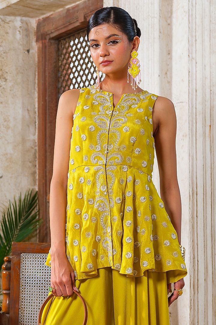 Lemon Yellow Satin Chiffon Flared Palazzo Set by Anu Pellakuru at Pernia's Pop Up Shop