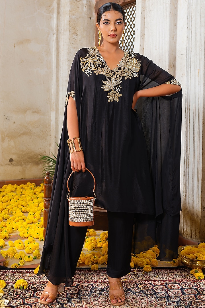 Black Chinon Chiffon Hand Embroidered Kaftan Tunic Set by Anu Pellakuru at Pernia's Pop Up Shop