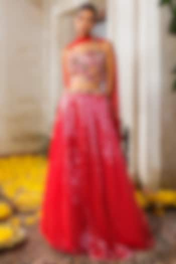 Red Kota Embroidered Micro Pleated Lehenga Set by Anu Pellakuru