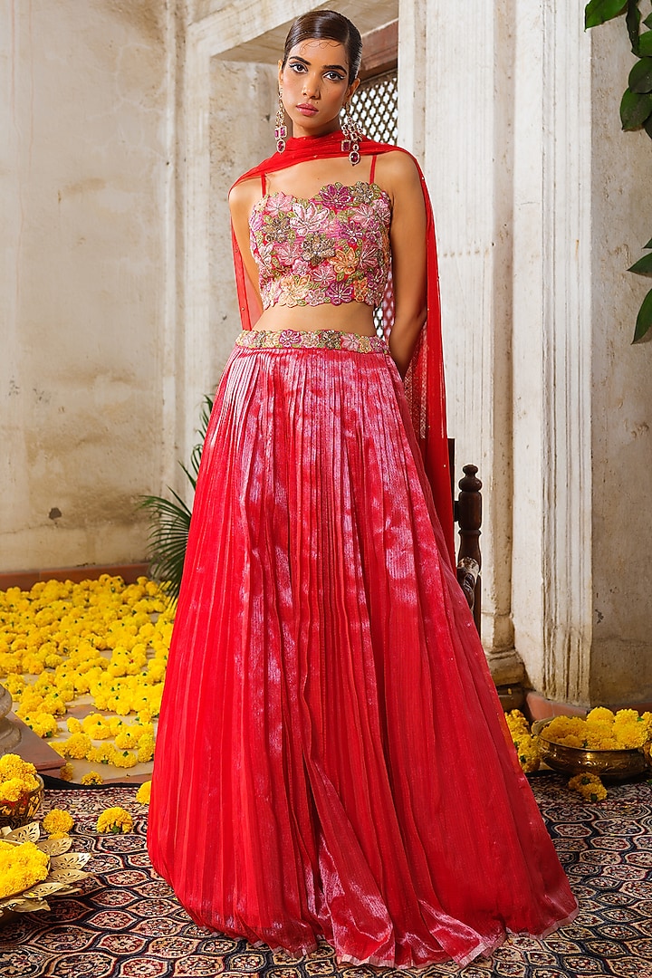 Red Kota Embroidered Micro Pleated Lehenga Set by Anu Pellakuru